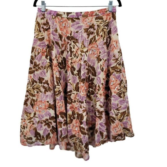 Y2K Floral Midi Skirt 8 Cotton Pink Brown Asymmetrical Sequin Details Boho India - Picture 15 of 15